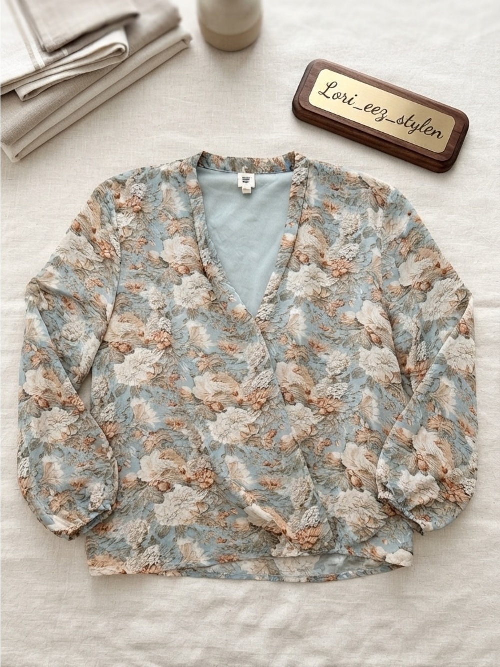 Anthropology- Light Blue Floral V-Neck Blouse with Cream and Tan Floral Accents